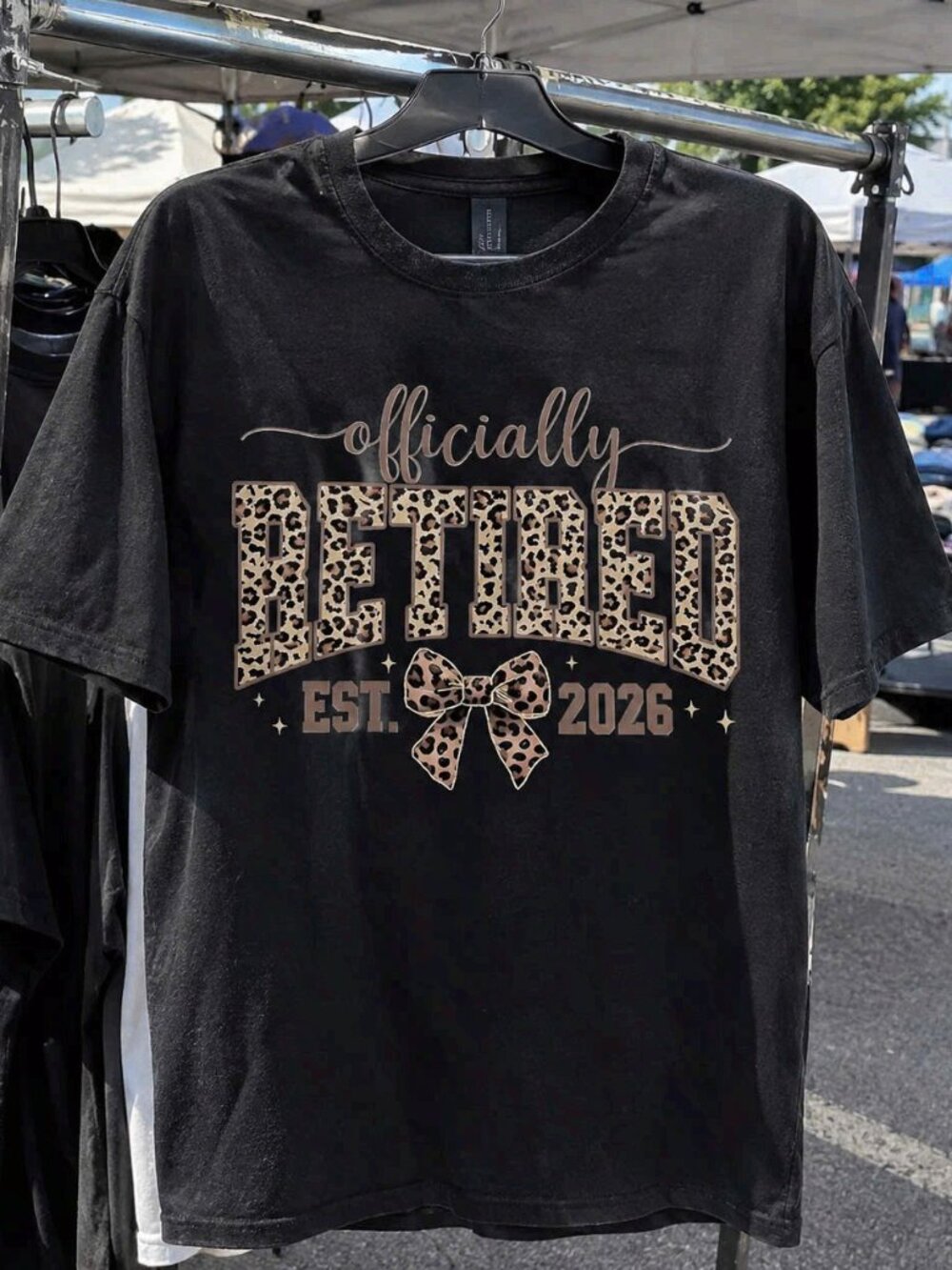 Officially Retired Est 2026 Leopard Bow Black Graphic T-Shirt